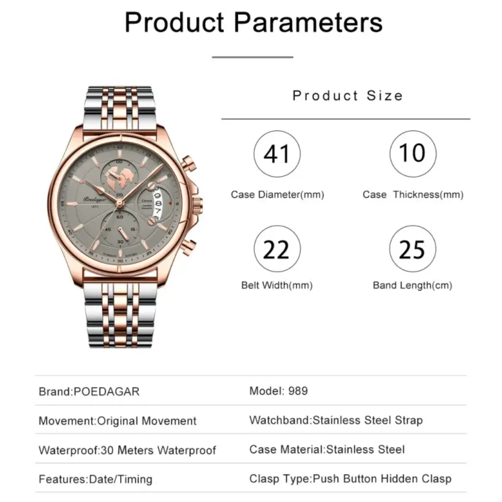POEDAGAR 802 Watch - Silver Rose Gold - Image 2